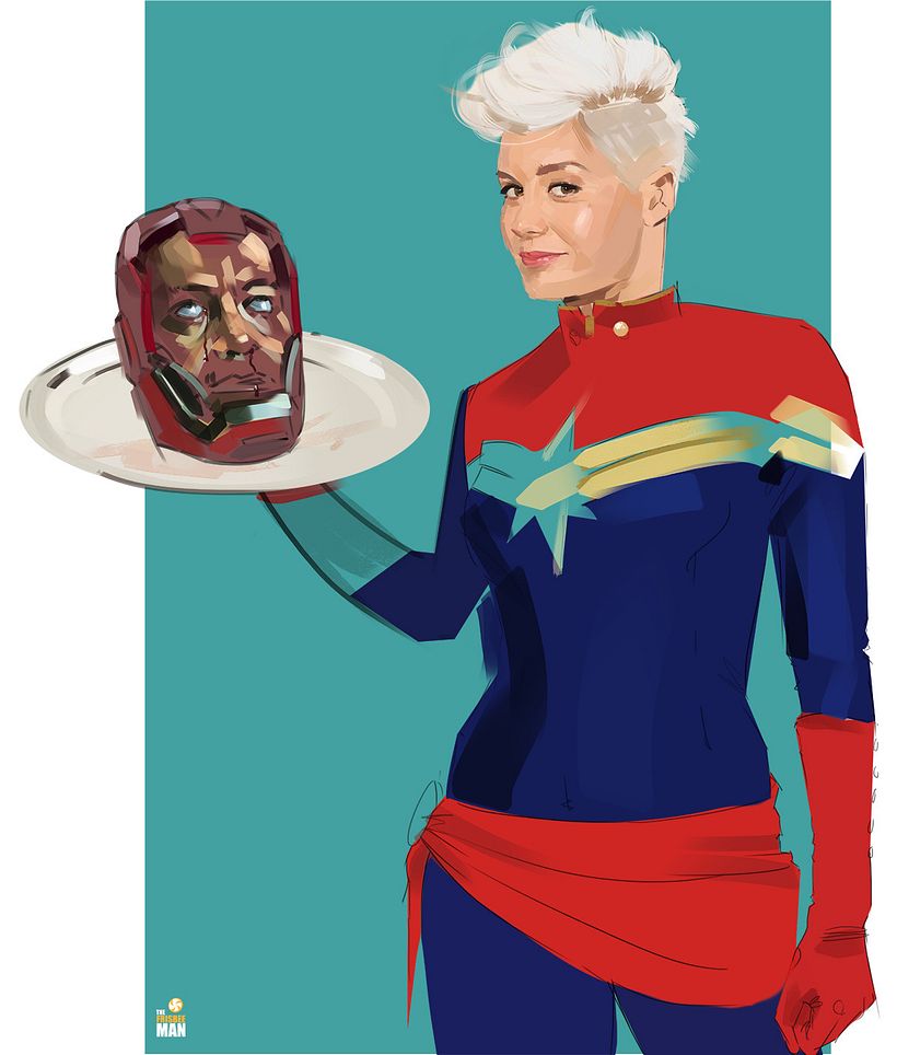 The process of drawing Captain Marvel with Tony Stark's head, looking for a range of colors and tones