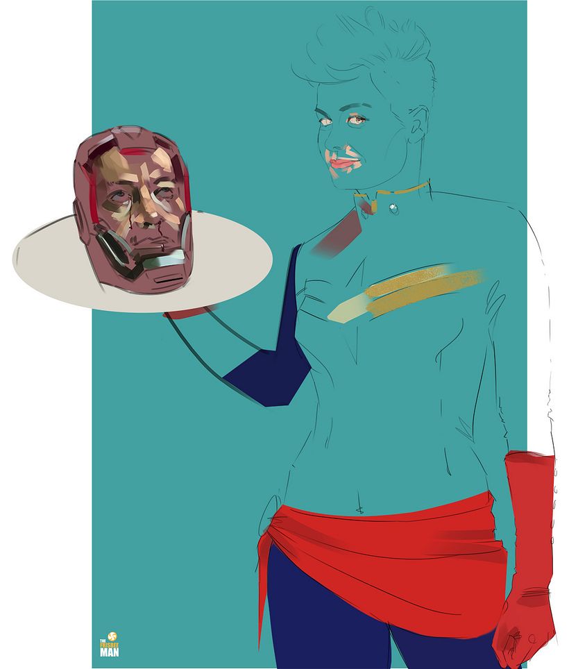 Drawing Brie Larson as Captain Marvel with Tony Stark's head / color blocking 