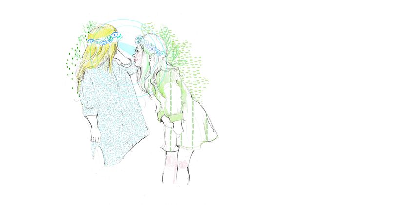 Two girls: Pencil color, watercolor and procreate.