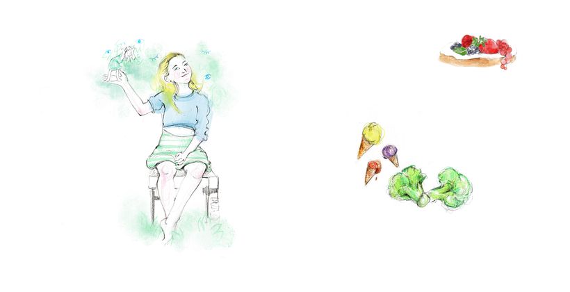 Double page: Pencil color, watercolor and procreate.