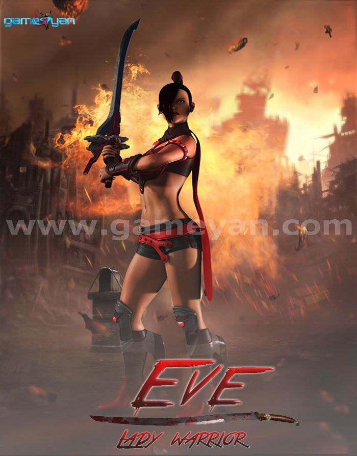EVE is a realistic lady warrior Character Design Studio for game with unique weapon in her hand with red and brown costume de