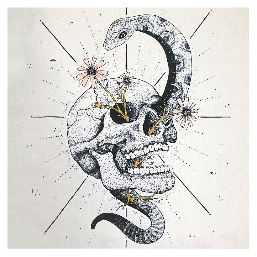 Ilustración libre en dotwork con tinta y acrílicos.