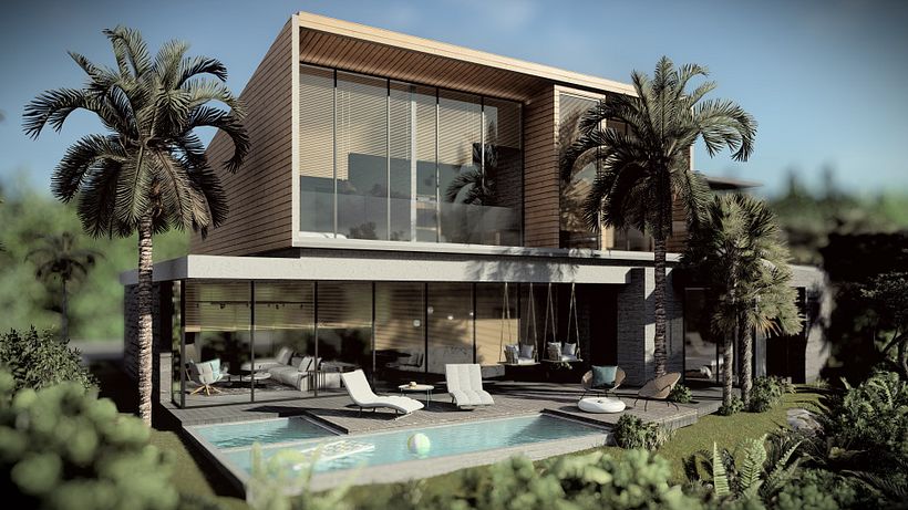 Fachada trasera de Casa Luko en Playa Hermosa Costa Rica. Elaborado con Revit, Lumion y Photoshop. JSARQ