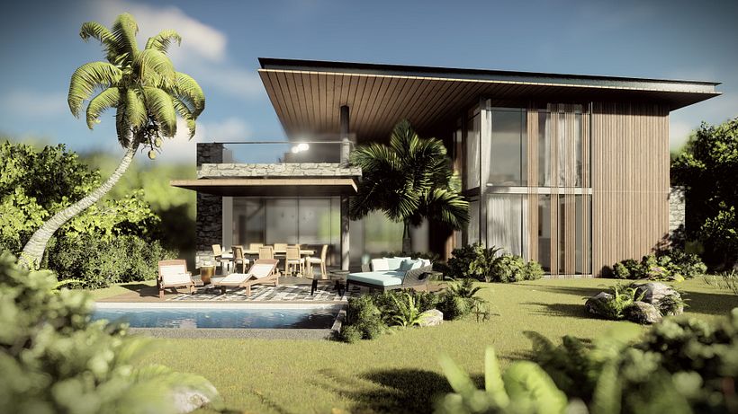 Fachada trasera de Casa Rojas en Playa Hermosa Costa Rica. Elaborado con Revit, Lumion y Photoshop. JSARQ