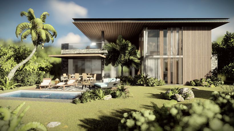 Fachada trasera de Casa Rojas en Playa Hermosa Costa Rica. Elaborado con Revit, Lumion y Photoshop. JSARQ