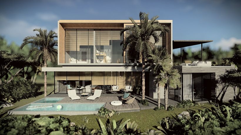 Fachada trasera de Casa Luko en Playa Hermosa Costa Rica. Elaborado con Revit, Lumion y Photoshop. JSARQ.