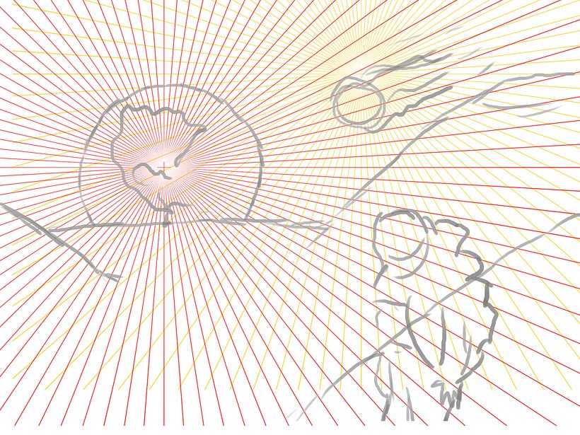 Boceto de la idea básica con puntos de fuga de perspectiva e iluminación