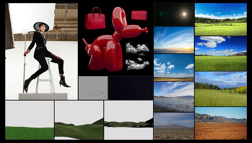 Este es el material utilizado, incluye fotografías de stock, sesiones de fotos en estudio y renders en 3D.