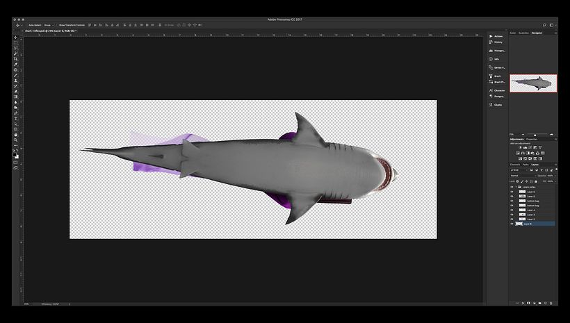 Se solicitó un render extra desde abajo para el reflejo en el vidrio inferior del tanque. Monté detalles de la chica.