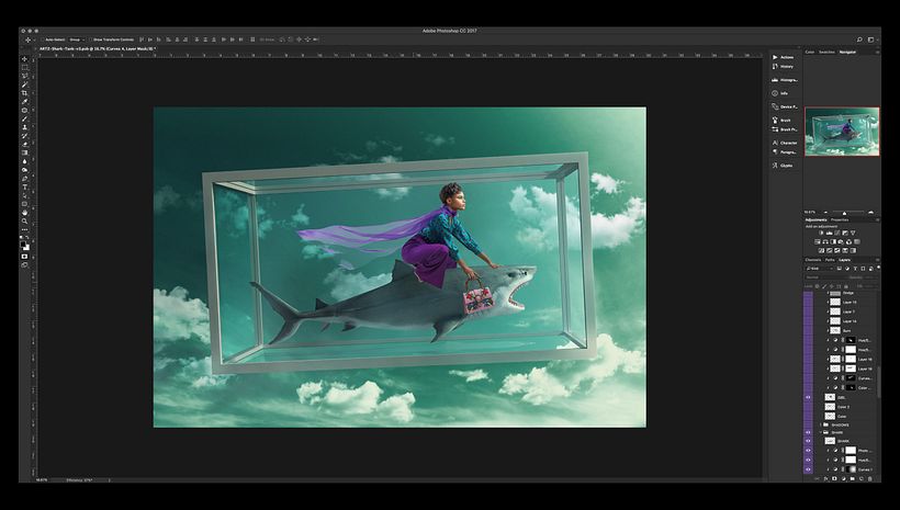 Integración preliminar de la chica sobre el tiburón (nuevo render con rotación aplicada). Agrego volumen al pelo de la chica.
