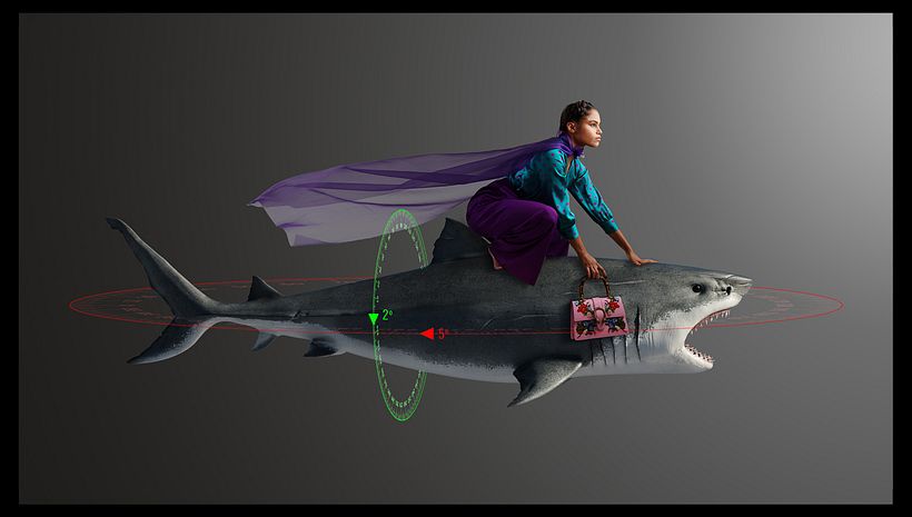 Se hizo un montaje de prueba. El render del tiburón estaba en perfil perfecto. Debía rotarse un poco para calzar mejor.