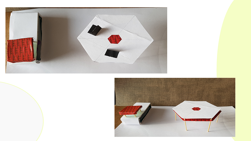 Mesa "The Gather-sons", modulos unidos para rauniones. Zapatero "After Pub". Alfombra "Cobble Road"