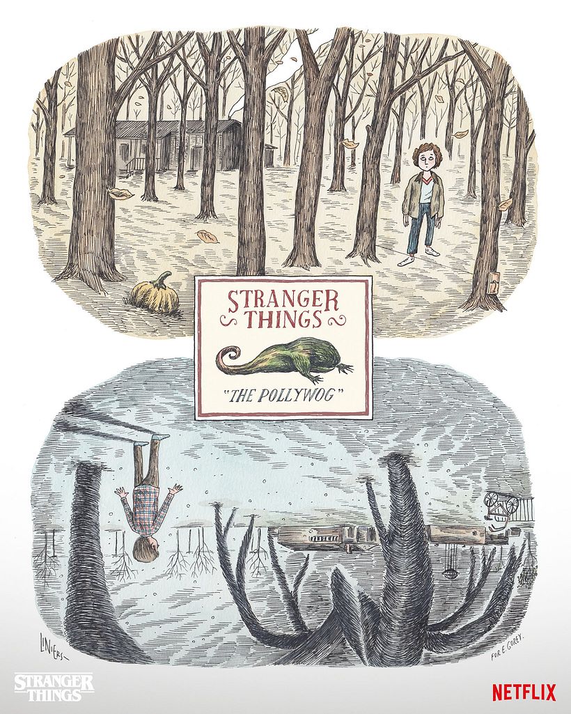 Portada diseñada por Liniers para la tercera temporada de Stranger Things. Netflix, 2019.