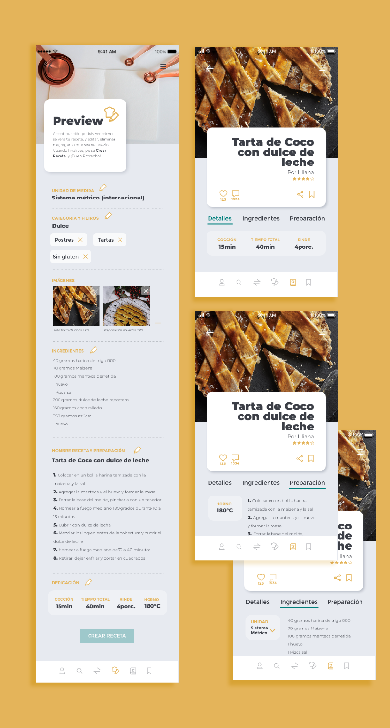 Preview antes de publicar nueva receta y visualización de la receta publicada