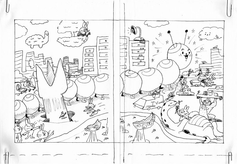 Trabalhei em um rascunho de todo o livro a tinta, focando mais nas ideias do que nos detalhes.