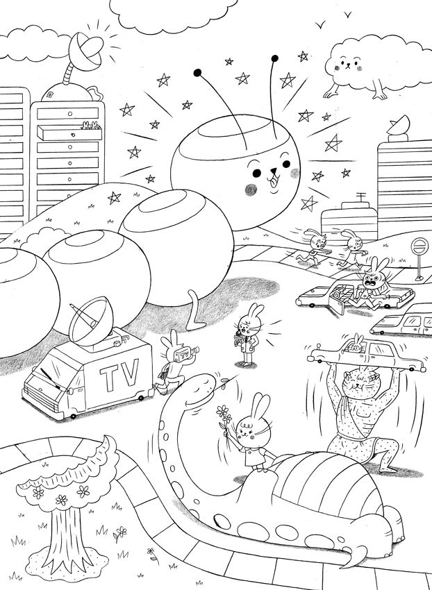 Cada página dupla é então preenchida a lápis. Há muito tempo trabalho com bases de óleo Pitt em vez de tinta.