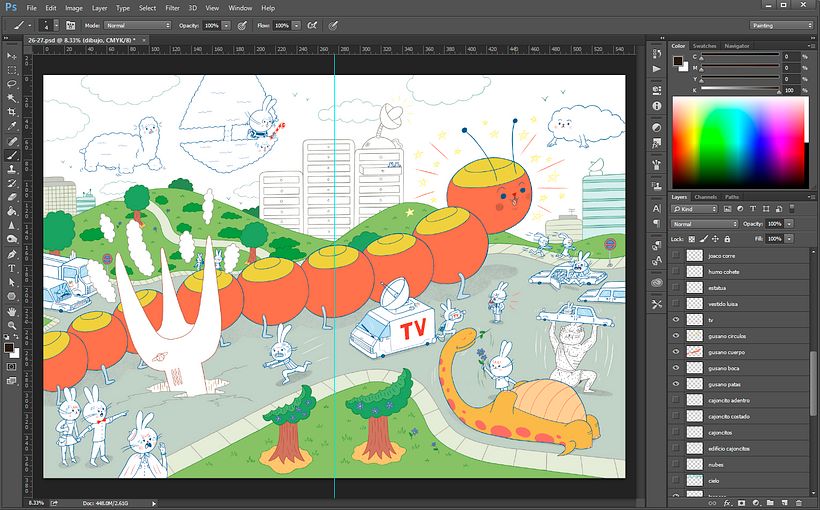 Depois no Photoshop eu separo a linha do fundo (como ensino no meu curso aqui na Doméstika) e pinto cada objeto em uma camada.