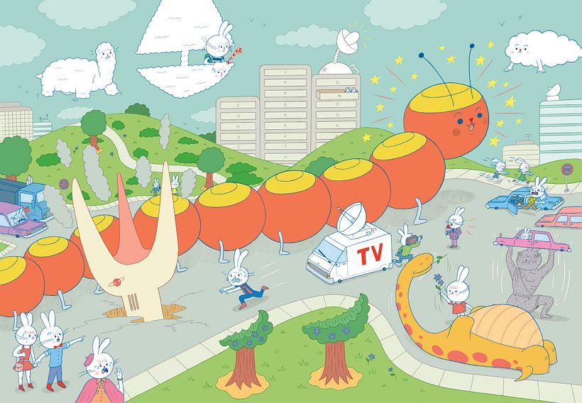 É assim que fica a página dupla final. Eu me dei ao luxo de prestar homenagem a filmes de monstros de segunda categoria.