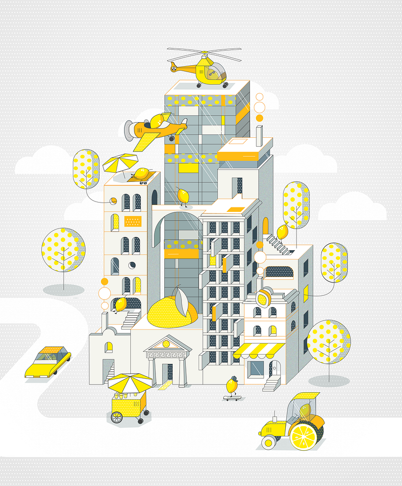 Ilustración corporativa con vitamina C: (Micromundo) Ciudad-Limón 7