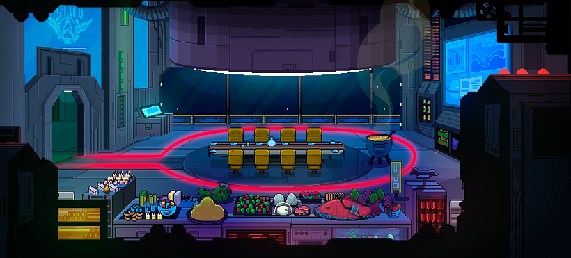Linha vermelha = Rota possível que um jogador médio tomaria com base no design do palco.