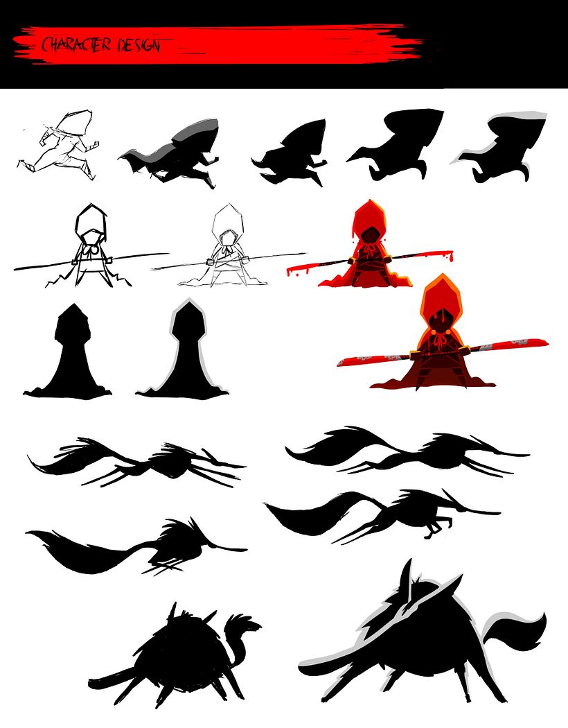 The character design is pretty simple. I played around more with the stain and silhouettes.