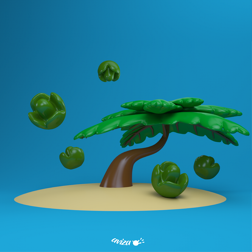 Palmera y arbustos 3D, en estilo de juguete. 