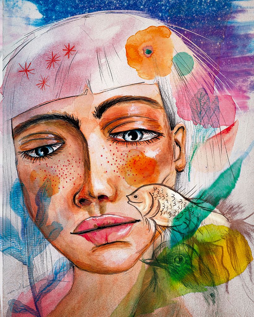 Retrato ilustrado en acuarela, mi proyecto final 0