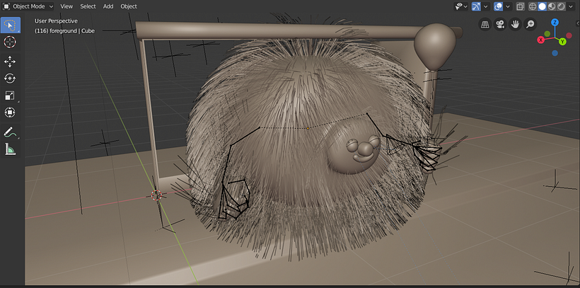 Modelo del personaje en la escena, utiliza la simulación de cabello en Blender