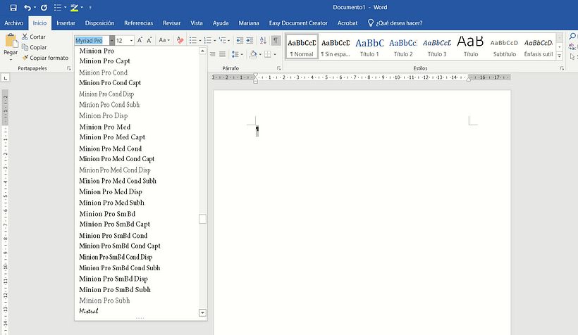 Variantes de Minion Pro en Word