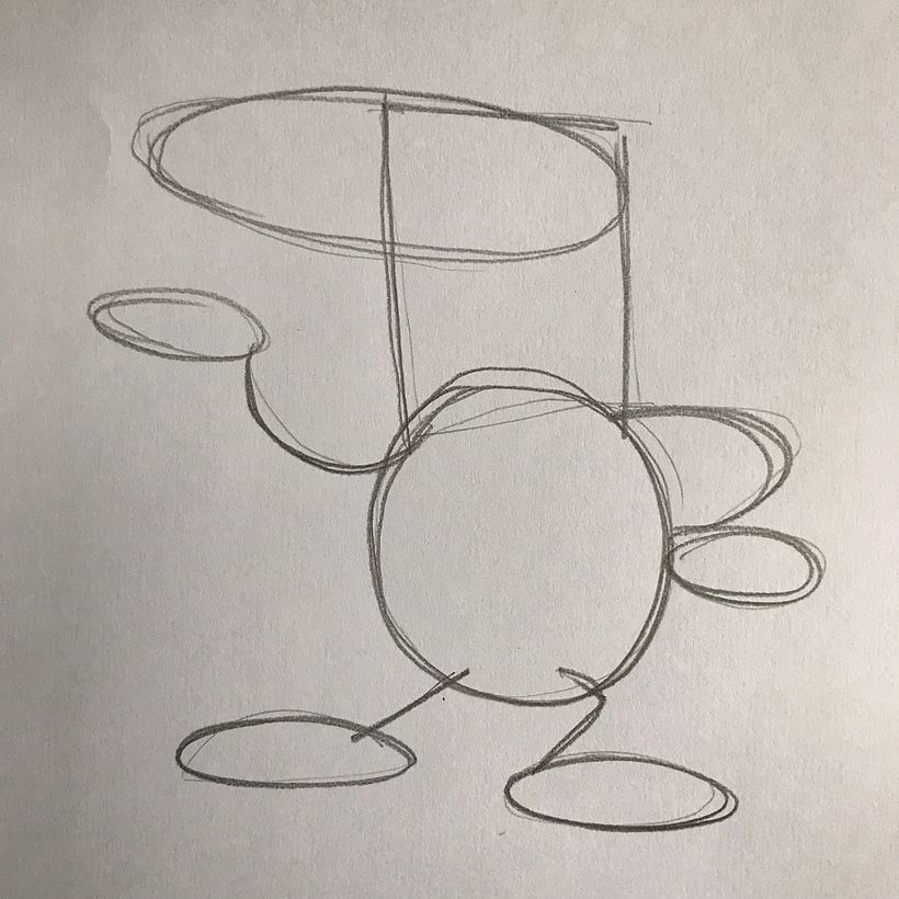 I start with basic shapes; this will be the skeleton of my character. Even without a face, he already has some personality.