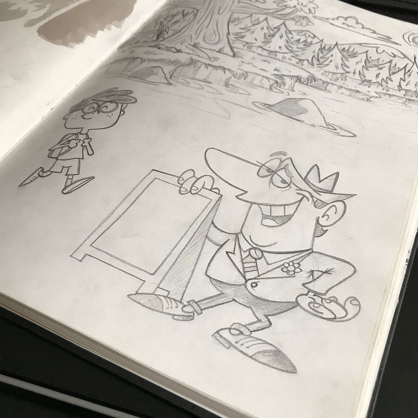 Drawing in my sketchbook (where I make several ideas on a single sheet) I define the character