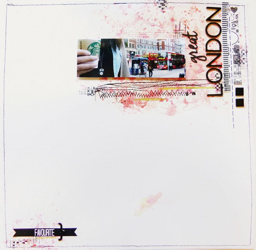 Layout "Great London" con fondo hecho con ceras acuarelables y sellos.