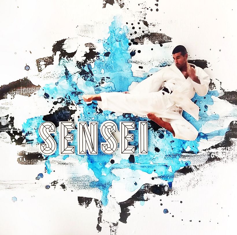 Cuadro "Sensei" con fondo de acrílicos y acuarela.