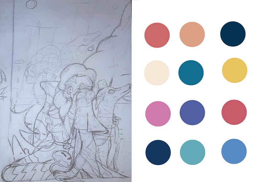 Composición previa a lo digital y posible paleta de colores
