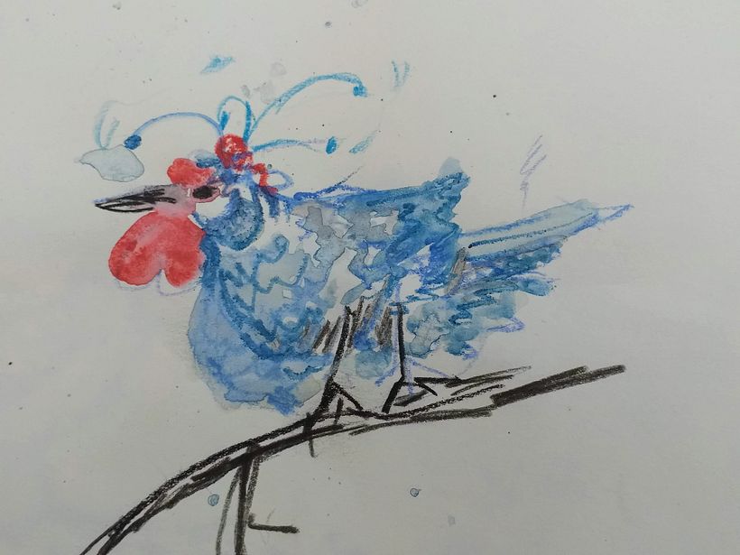 Hencock - drawn blinde, added shape with waterpencils, charcoal pencil