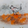 Hencock  with 3 hens, played with backround/charcoal with water random moves/ and foreground/ink colors with water penci/