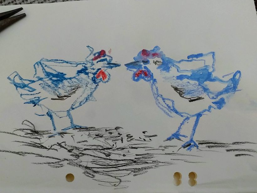 Two hencocks- drawn with left and right hand at the same time/water pencil, charcoal, water/