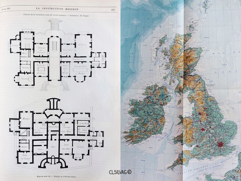 Lado izq.: Plano del Castillo Cordelière, Arquitecto: M. Sauger - Lado der.: Mapa de Reino Unido