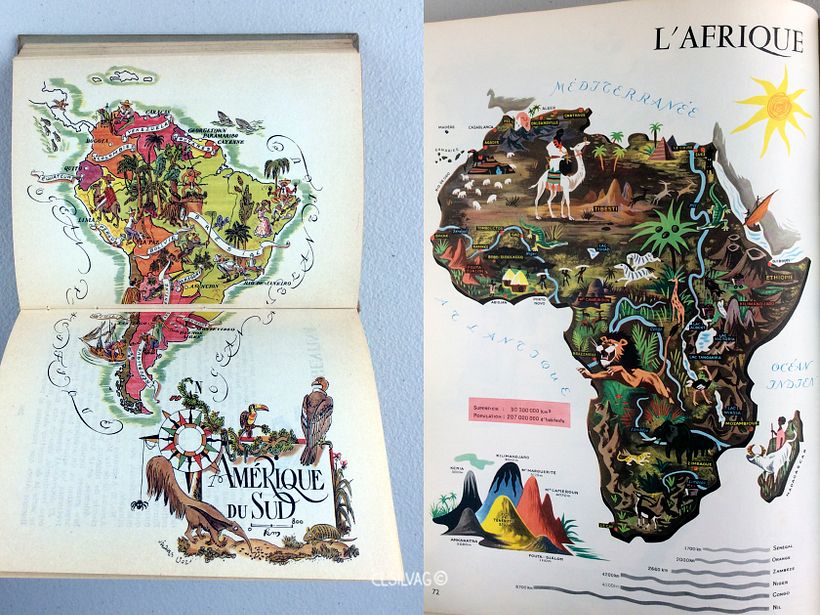 Mapa ilustrado Lado izq.: Continente América del Sur - Lado der.: Continente Africano
