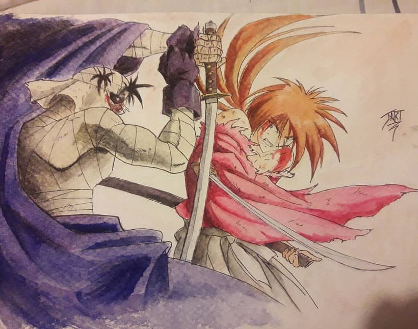 Fan Art de Samurai X, pintado con acuarelas.