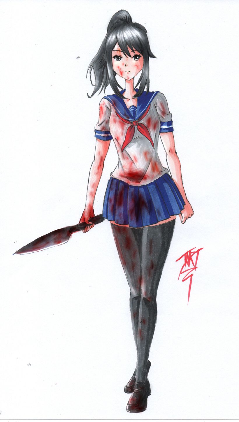 Comision de Yandere Chan, no conocia el personaje. Se hizo de manera tradicional y pintado con copics. La sangre en digital.