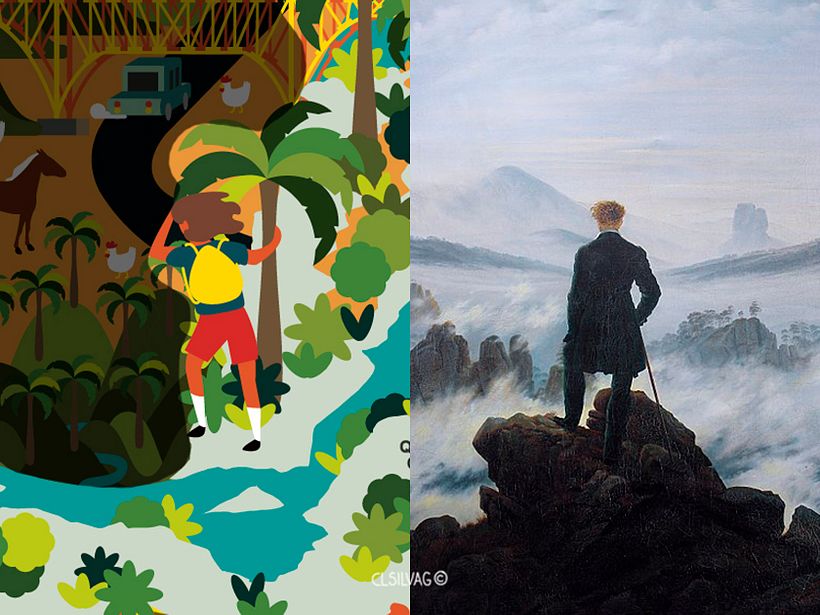 Lado izq.: Personaje contemplando - Lado der.: Pintura “El caminante sobre el mar de nubes” - Origen: Wikipedia