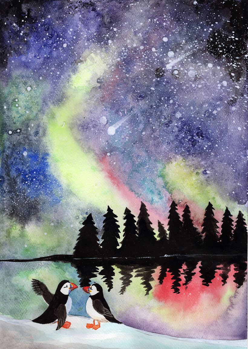 my proyecto final del curso, este paisaje con aurora boreal aplicado a una ilustración infantil