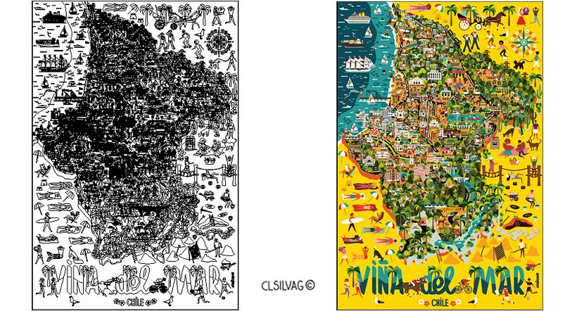 Lado izq.: Estructura vectorial - Lado der.: Aplicación de Color