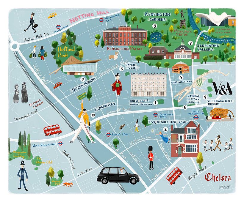 Kensington y alrededores, en Londres. Mapa ilustrado