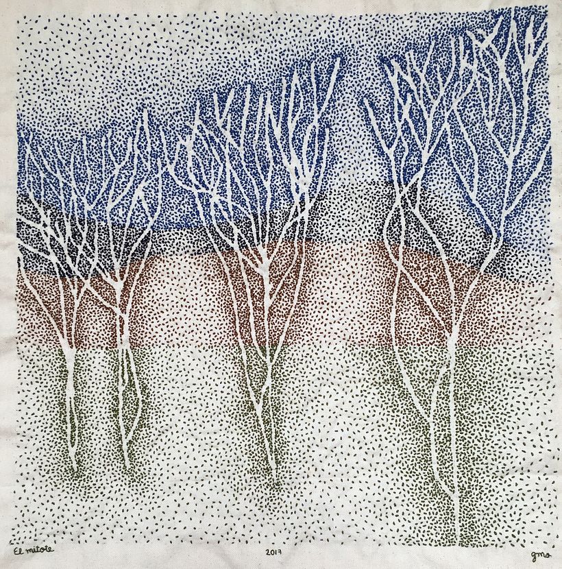 EL MITOTE / Bordado a mano con hilo de algodón sobre gabardina de algodón. /  40 x 40 cm
