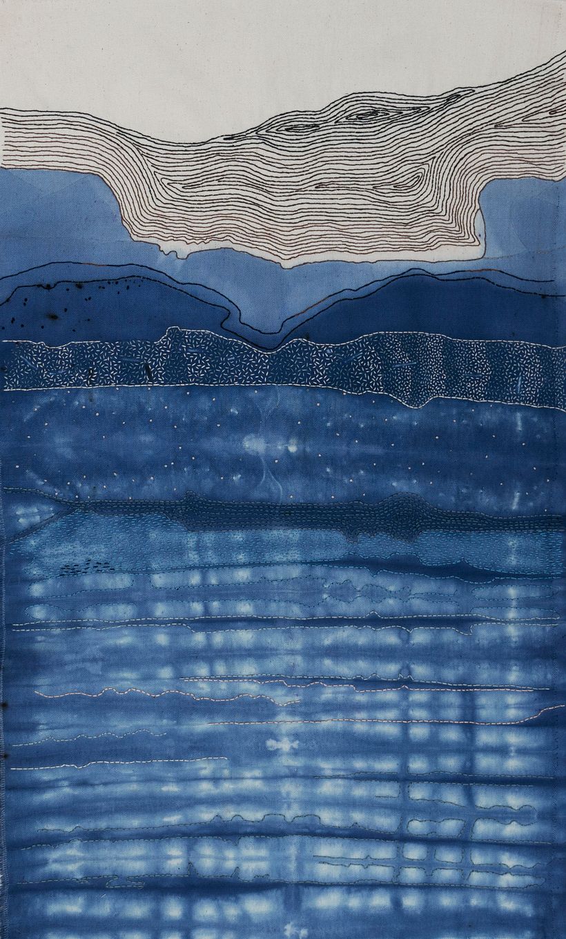 TECOMÁN, COLIMA / Shibori con bordado a mano sobre gabardina de algodón. / 50x85 cm 
