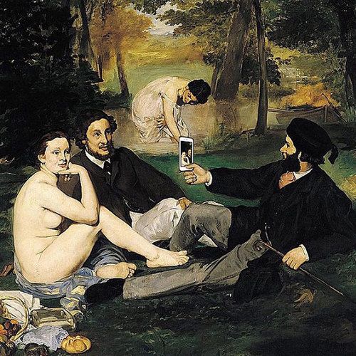 "Posting Instagram Stories on the Grass" Edouard Manet X Ji Lee Collaboration · #ifitweretoday