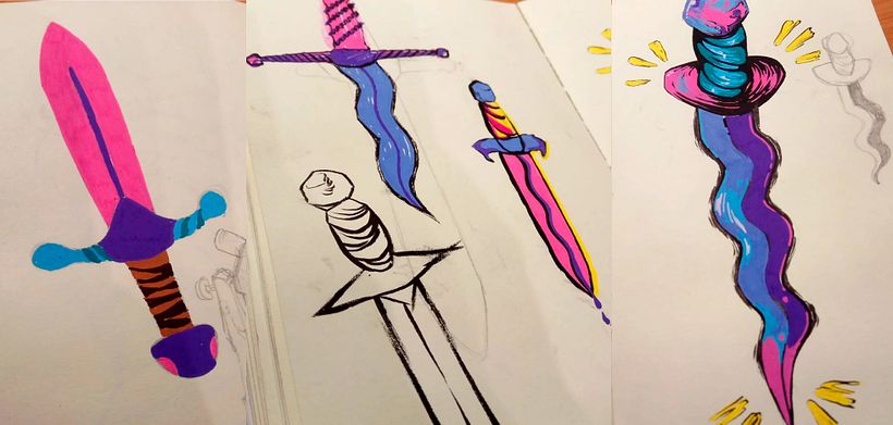 Primeros bocetos hechos con grafito, posca markers y pentel brush pen. 