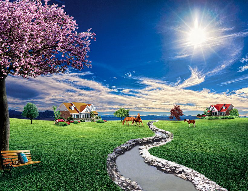 Montagem da fazenda na parte da manhã.